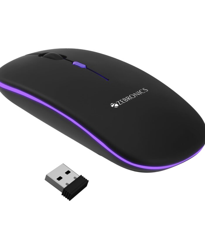 ZEBRONICS Blanc Slim Wireless Mouse with Rechargeable Battery, BT + 2.4GHz, 4 Buttons, 800/1200/1600 DPI, Silent Operation, Multicolor LED Lights