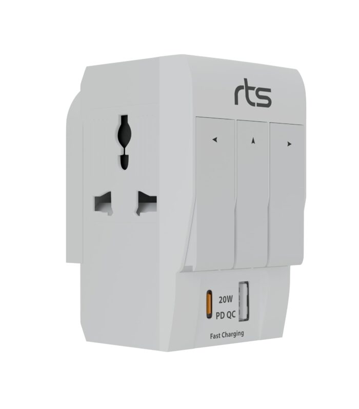rts 3 Pin Multi Plug Socket-Worldwide Universal Travel Adapter with USB Ports & Type-C PD Individual Switch Safety Shutter LED Indicator-3 Way Plug Socket (5A-250V) Type D Plug for Home Office White