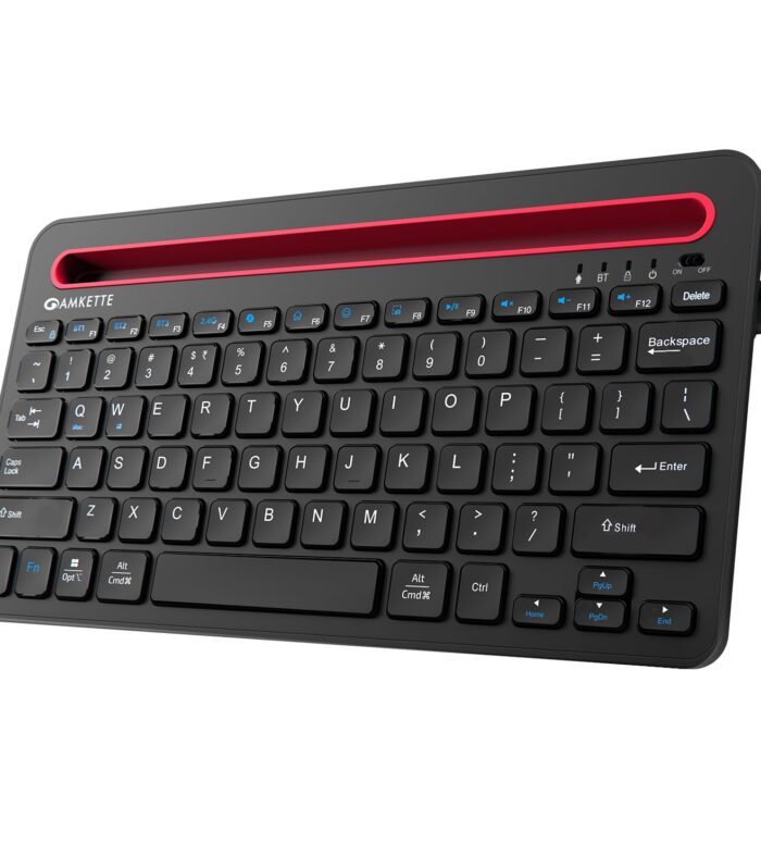 Amkette [New & Improved Optimus Pro Multi Device (4in1) Rechargeable Wireless Keyboard/Bluetooth Keyboard | One Click Device Switching & AI Access for MacOS & Windows | Tablet & Phone Holder (Black)