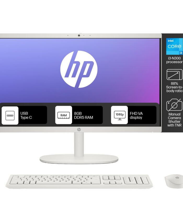 HP All-in-One Desktop Intel® Core™ i3-N300,21.5 inch(54.5cm),FHD,Anti-Glare,8 GB DDR5, 512GB SSD,White Wireless Keyboard and Mouse Combo,White, Windows 11, 4.17kg,22-dg0786in