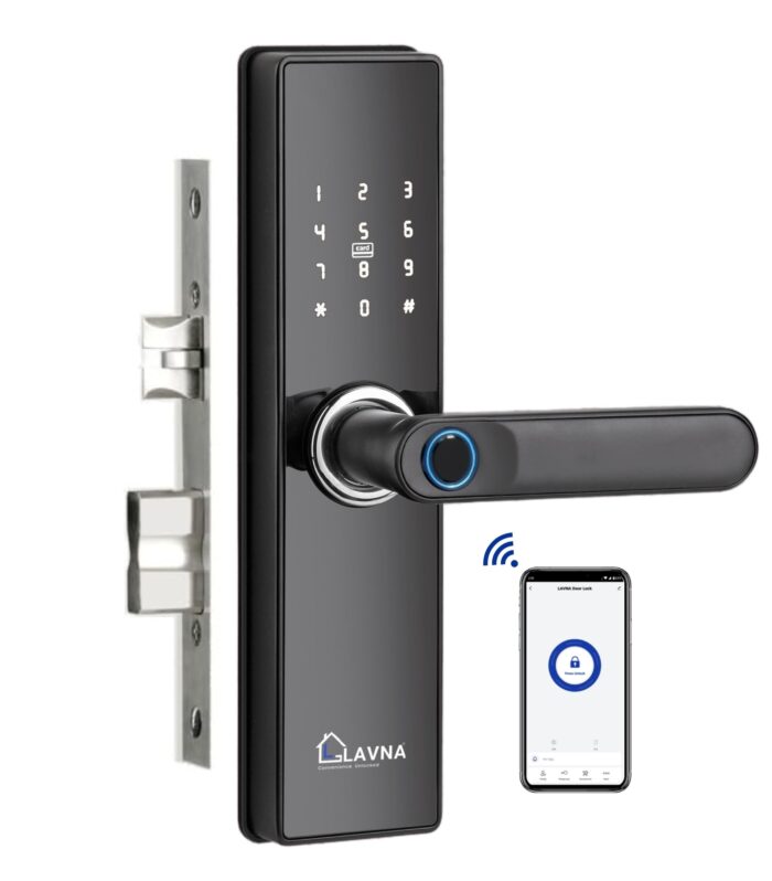 LAVNA Smart Wi-Fi Door Lock | 7 Way Unlock | Fingerprint, Mobile App, WiFi + Bluetooth, RFID Card, OTP, PIN and Manual Key Access for Wooden Doors | SS Locking Bolts (LA16 WF)