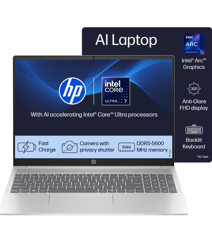 HP 14 AI, Intel Core Ultra 7 155H (16GB DDR5, 512GB SSD) FHD, Anti-Glare, 14"/35.6cm, Win11, Office21, Silver, 1.4kg, gr1023TU, Intel Arc Graphics, FHD Camera w/Shutter, Backlit Kb AI Powered Laptop