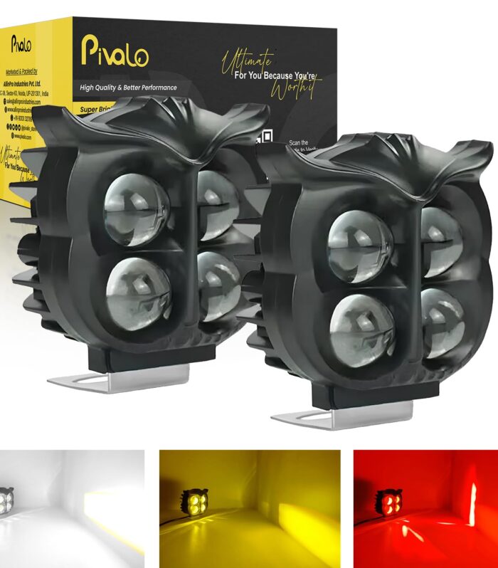 Pivalo 40W Owl Shape Fog Lights High Brightness 80V DC ABS LED 4 Lens Devil Eye Fog-Lamp for Bikes and Motorcycles (Pack of 2, Yellow, White, And Red)