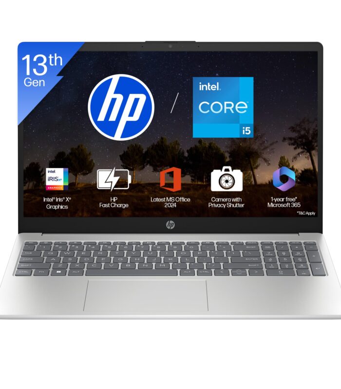HP 15, 13th Gen Intel Core i5-1334U (16GB DDR4, 512GB SSD) Anti-Glare, Micro-Edge, 15.6''/39.6cm, FHD, Win 11, Office 24, Silver, 1.59kg, fd0467tu, Iris Xe Graphics, FHD Camera, Backlit KB Laptop