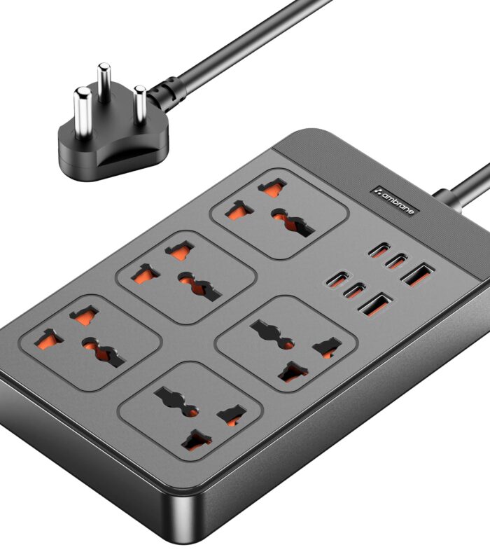 Ambrane Extension Board, 4 Type C, 2 USB, 5 International Power Sockets, 2500W Output, Long Cable, Wall Mount Option, Supports Laptop Charging for Office, Home Appliances (SmartStrip 2 Pro, Black)